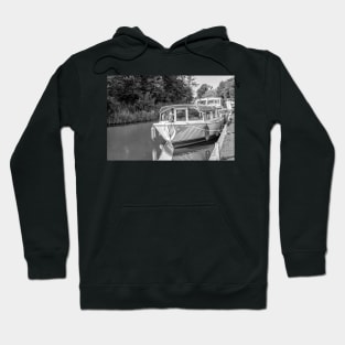 Front on view of holiday boat moored up on the Norfolk Broads Hoodie